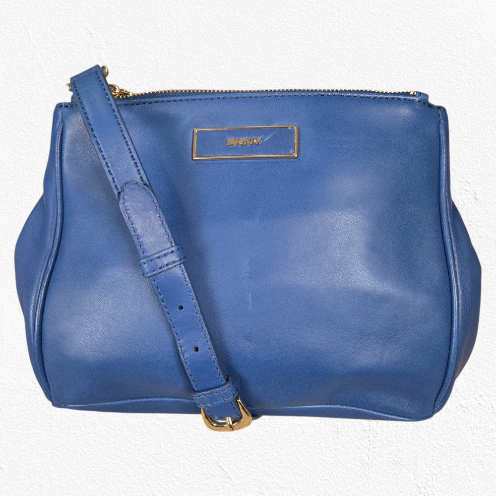 DKNY Blue Leather Crossbody Bag Adjustable Strap Gold Hardware Classic - Picture 15 of 16